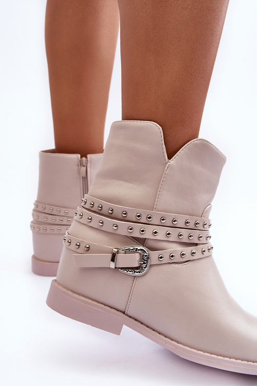 Zdobione Skórzane Botki Damskie Na Płaskim Obcasie Beżowe Adkrana
