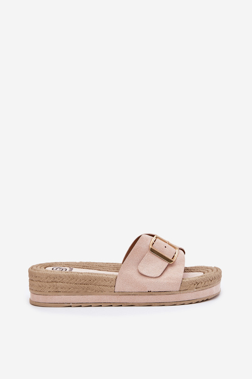 Klapki Damskie Na Platformie Ze Złotą Klamrą Beżowe Selira