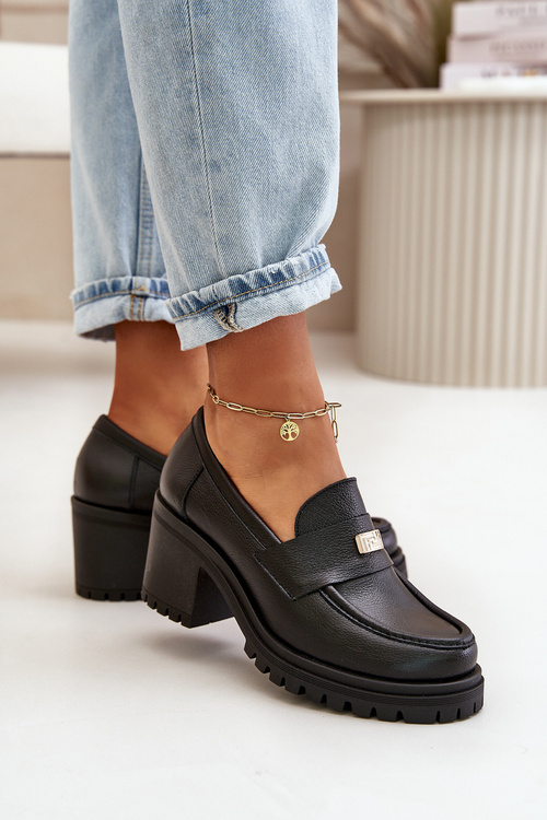 Zazoo 20168 Eleganckie Półbuty Damskie Na Słupku Skóra Naturalna Czarne