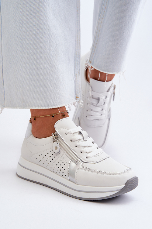 Damskie Skórzane Sneakersy Na Platformie Białe Ligustra