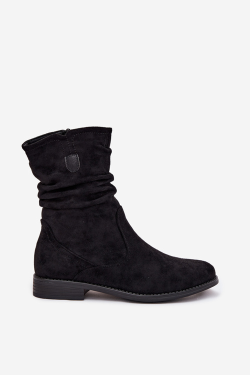 Ocieplane Botki Damskie Z Marszczoną Cholewką Na Płaskim Obcasie Czarne Krisia