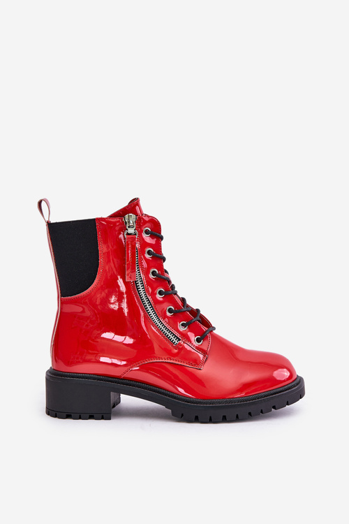 Lakierowane Botki Workery Na Zamek Ocieplane Czerwone Ravanthia