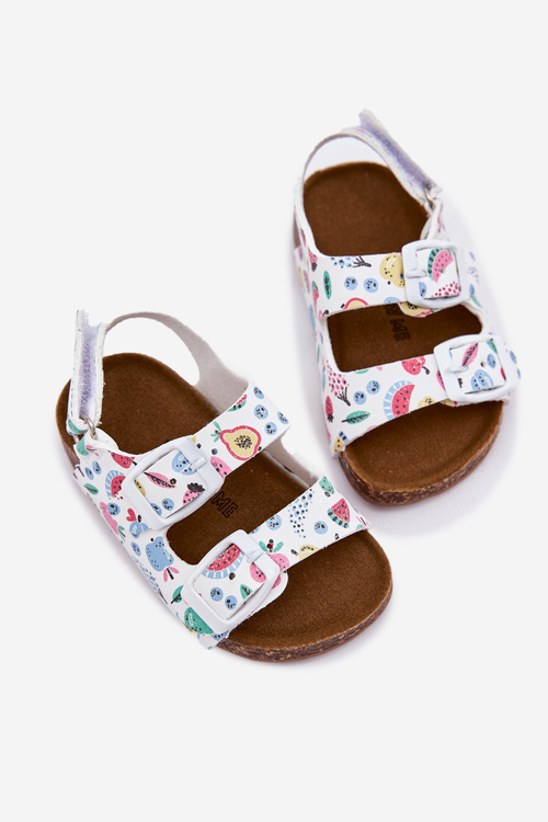 Dziecięce Sandałki Na Korkowej Podeszwie Z Klamrami Owoce Białe Thessa