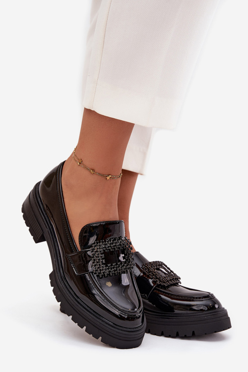 Lakierowane Półbuty Mokasyny Damskie Z Ozdobną Klamrą Czarne Luvianne