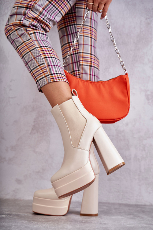 Damskie Skórzane Botki Na Masywnym Obcasie Beżowe Jones