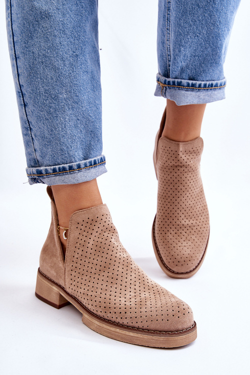 Zamszowe Ażurowe Botki Na Płaskim Obcasie Ciemnobeżowe Angie