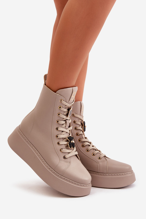 Damskie Skórzane Botki Workery Z Przypinkami Beżowe CheBello 4294