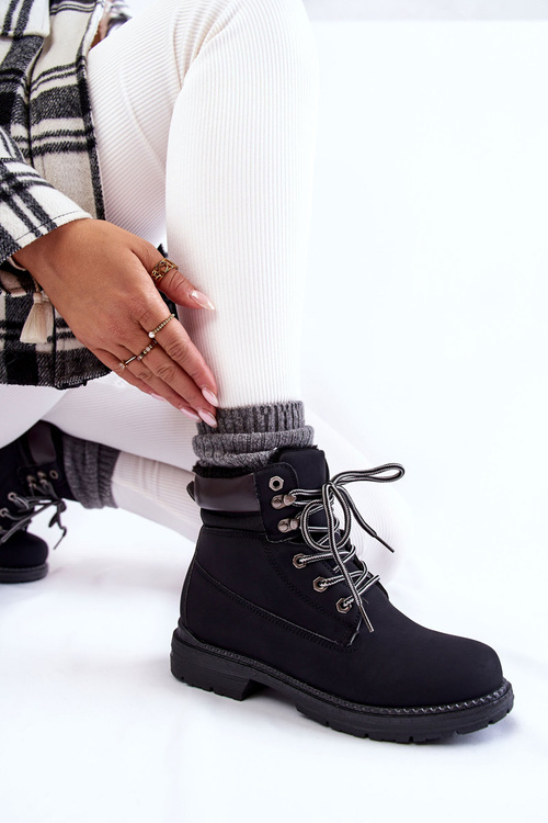 Damskie Ocieplane Botki Trapery Czarne Lonne