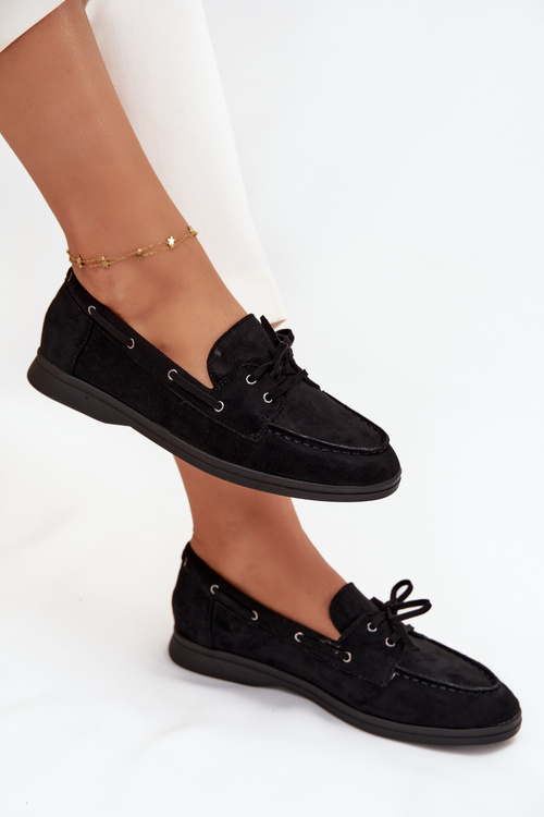 Półbuty Mokasyny Damskie Płaskie Z Wiązaniem Czarne Zalina
