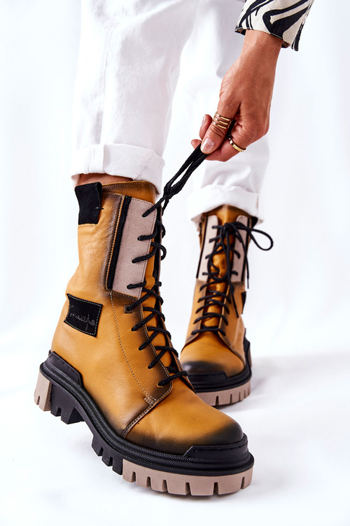 Skórzane Trzewiki Botki Ocieplane Maciejka Żółte 05113-07