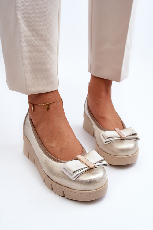 Baleriny Skórzane Na Platformie Z Ozdobą Złote Lewski 3384