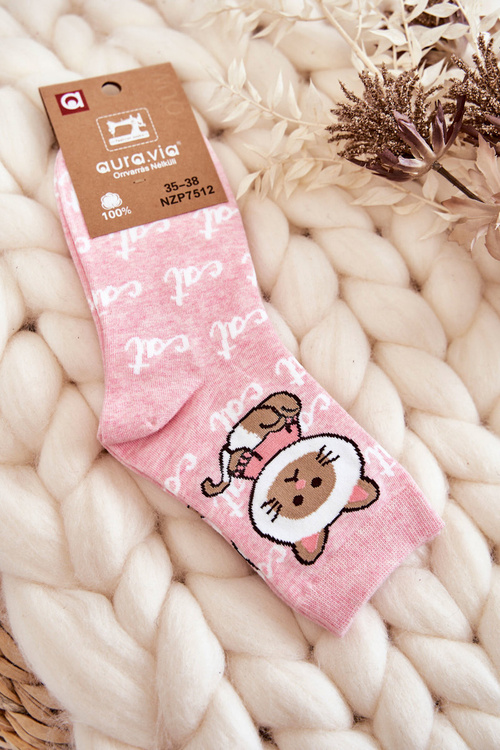 Damskie Bawełniane Skarpetki Kotek Różowe