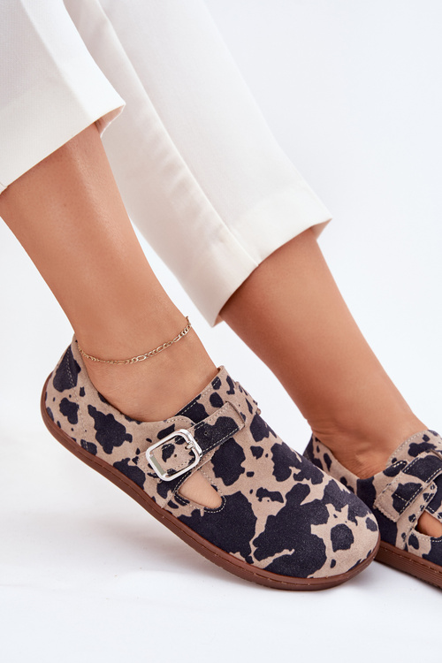 Zamszowe Półbuty Barefoot Damskie Z Klamrą Łaty Zazoo N1261 Brązowo-Beżowe