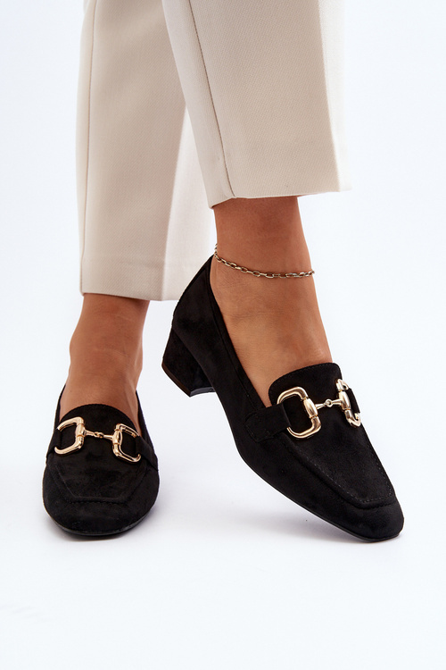 Czółenka Na Niskim Obcasie Klocku Z Ozdobą Czarne Dolvira