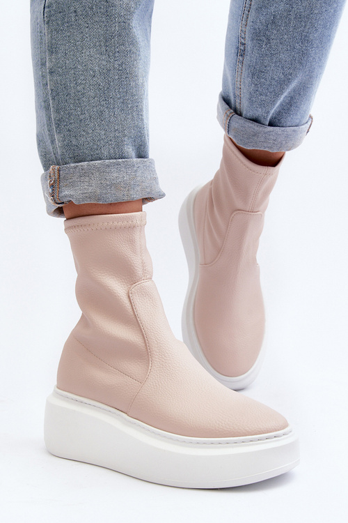 Zazoo 3395 Skórzane Botki Damskie Na Masywnej Platformie Beżowe