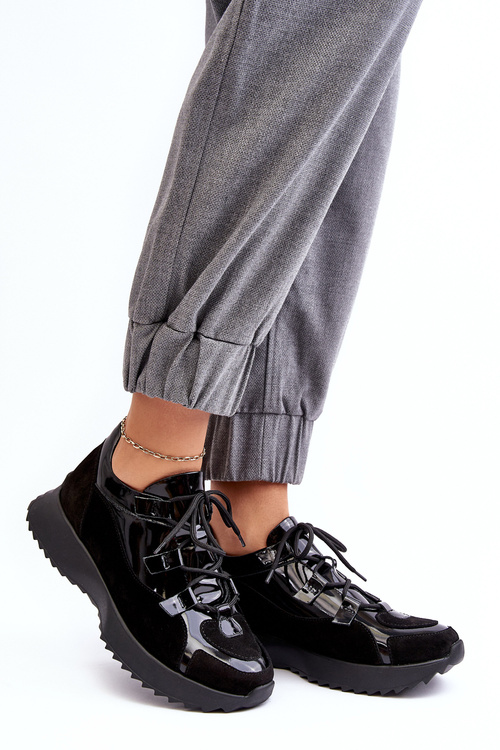 Skórzane Lakierowane Buty Sportowe Damskie M01/2 Zazoo Czarne