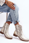 Zazoo 3305/2 Damskie Skórzane Ażurowe Botki Kowbojki Złote