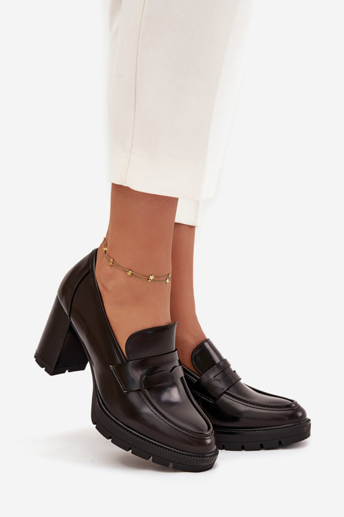 Półbuty Damskie Na Słupku Z Eko Skóry Czekoladowe Ilyssia