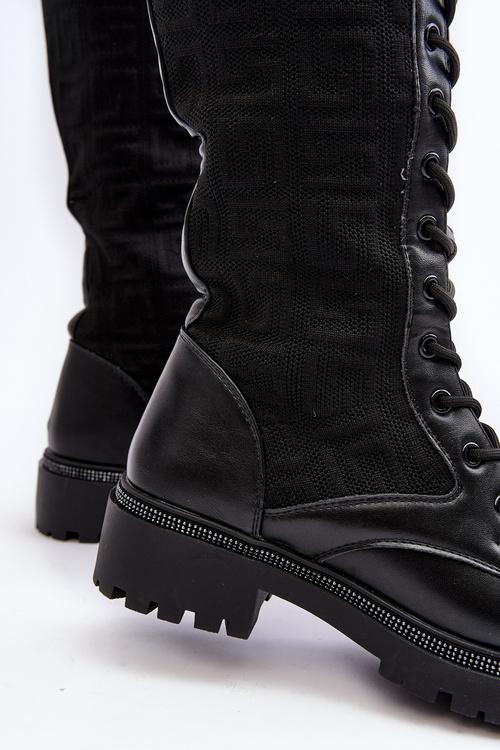 Kozaki Damskie Sznurowane Z Elastyczną Cholewką Czarne Virxinia