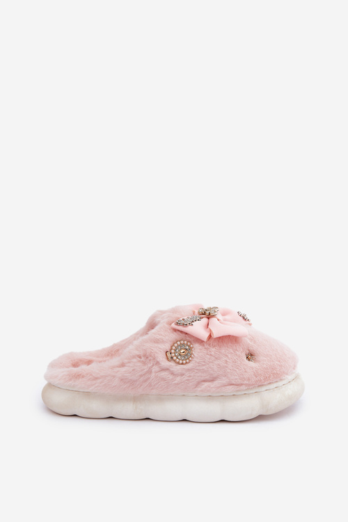 Futrzane Kapcie Z Kokardką I Przypinkami Różowe Annalira