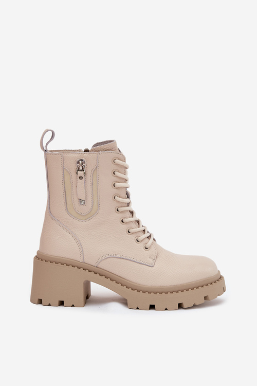 Skórzane Botki Damskie Na Klocku Ocieplane Vinceza 86418 Beżowe