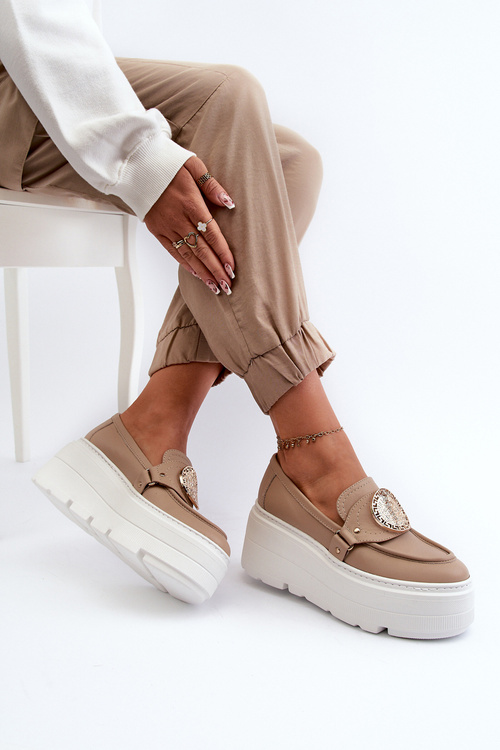 Zazoo 3458 Mokasyny Skórzane Damskie Z Ozdobą Beżowe