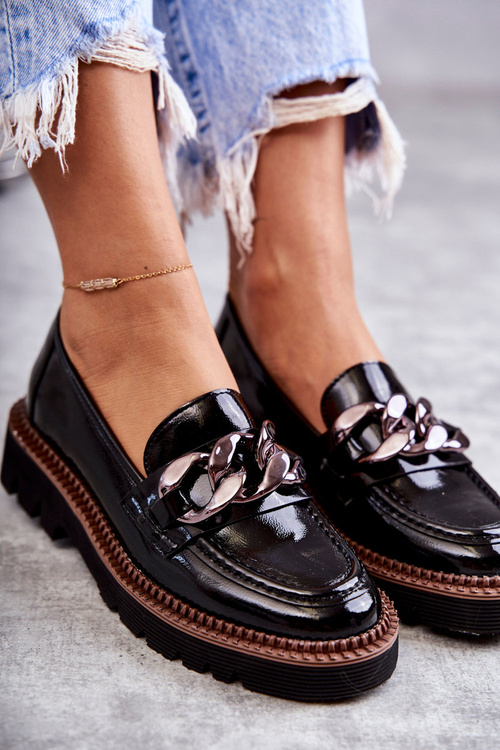 Lakierowane Półbuty Loafery Na Platformie Czarne Reidun