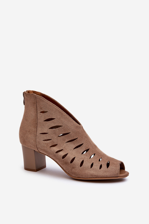 Ażurowe Botki Damskie Eko Zamszowe Na Słupku Z Odkrytymi Palcami Beżowe Timalre