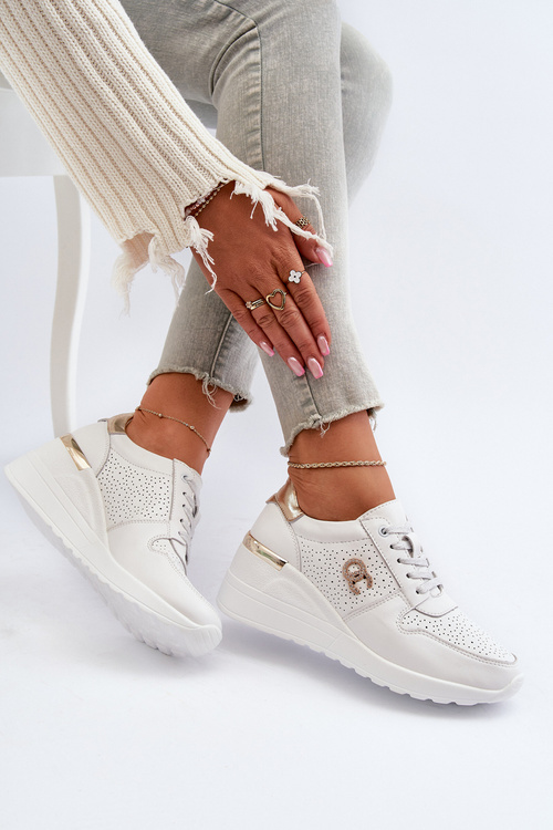 Damskie Skórzane Sneakersy Na Koturnie Białe D&A LR810