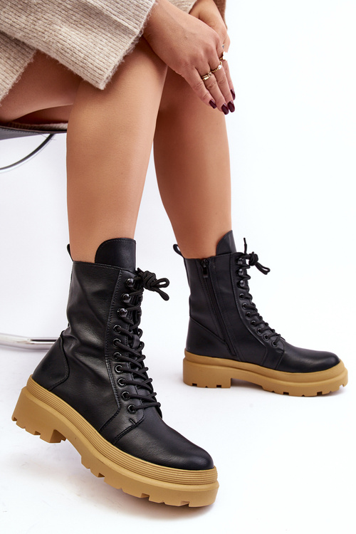 Botki Workery Damskie Ekoskóra Czarne Irande - Jasna Podeszwa