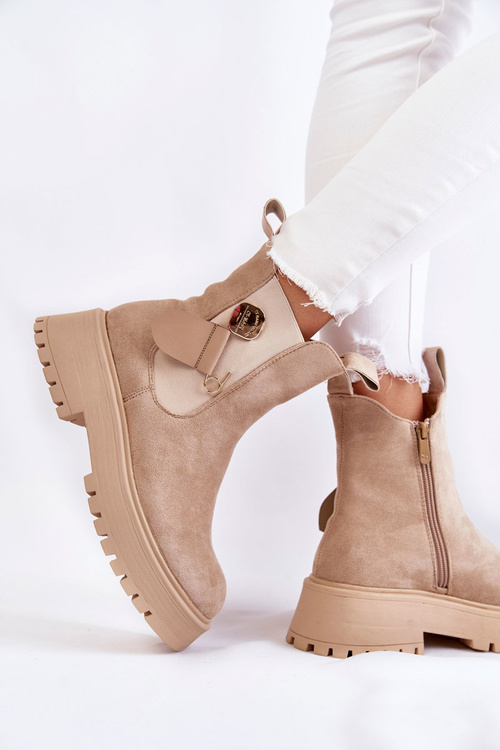 Zamszowe Ocieplane Botki Workery Beżowe Magnis