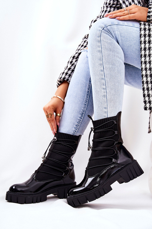 Lakierowane Botki Workery Ze Skarpetą Czarne Connor