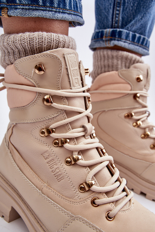 Ocieplane Trapery Botki Sznurowane Damskie Jasnobeżowe Big Star MM274664
