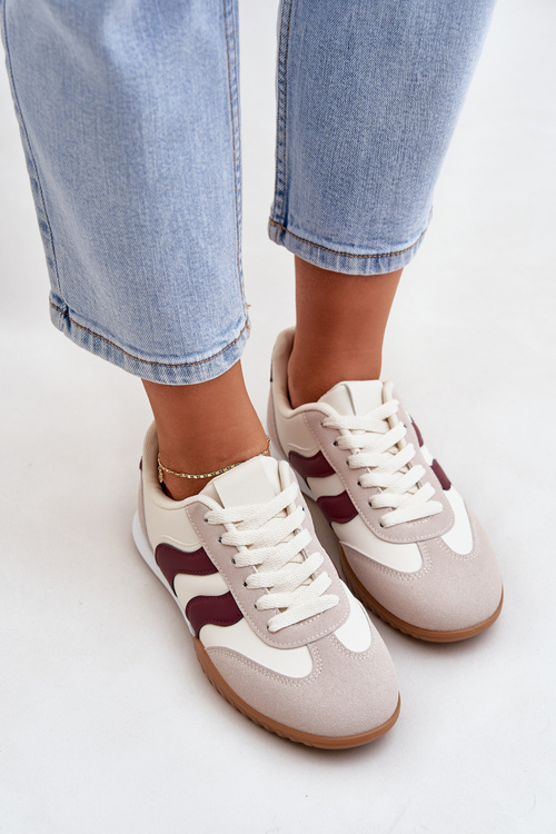 Klasyczne Sneakersy Damskie Z Eko Skóry Beżowo-Bordowe Maretina