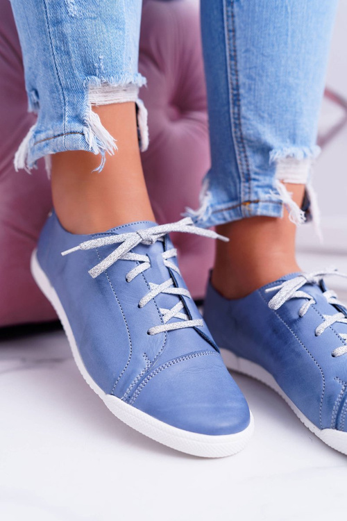 Półbuty Damskie Tenisówki Maciejka Skórzane Jasno Niebieskie 4049A