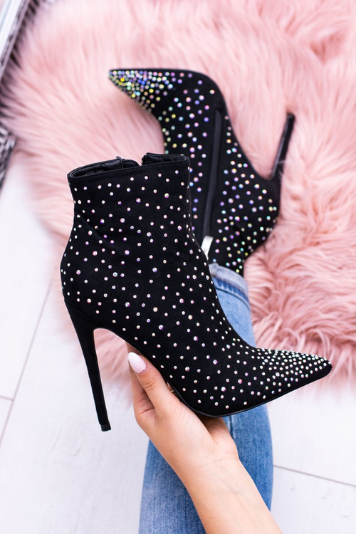 Lu Boo Czarne Wysokie Zamszowe Botki na Szpilce Cyrkonie Cubano