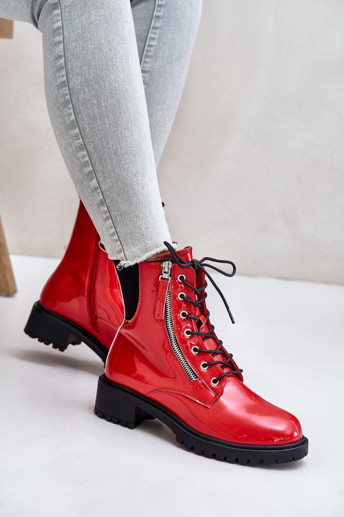 Lakierowane Botki Workery Na Zamek Ocieplane Czerwone Ravanthia