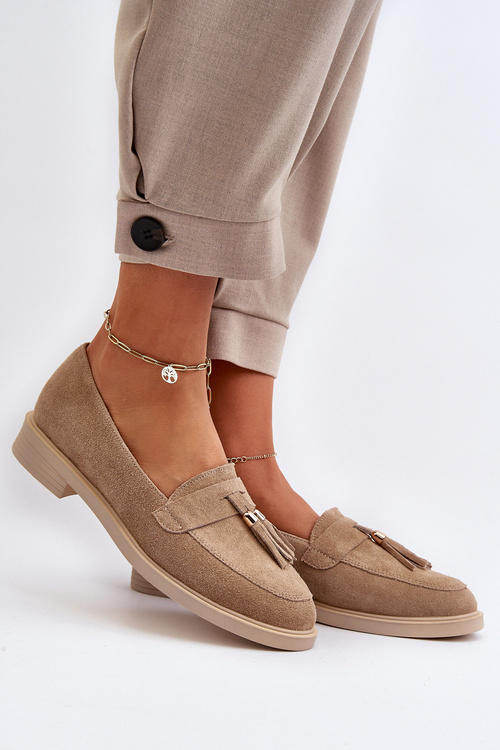 Zazoo 3420 Zamszowe Mokasyny Damskie Na Płaskim Obcasie Beżowe