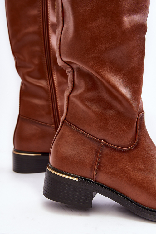 Damskie Kozaki Na Płaskim Obcasie Przed Kolano Brązowe Aviare