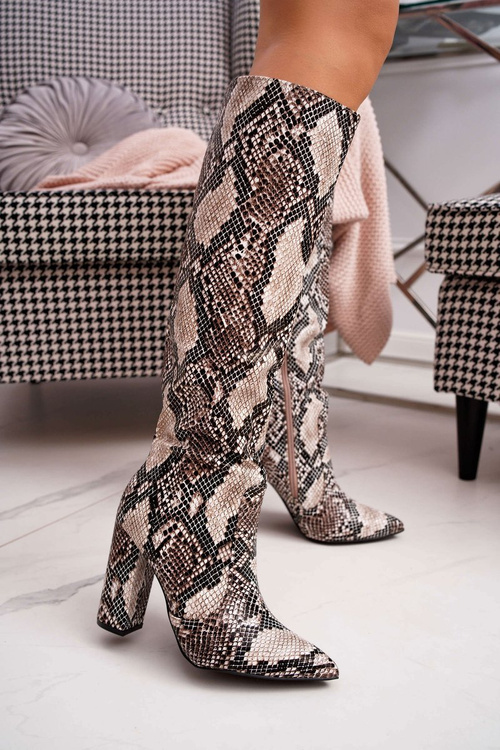 Kozaki Damskie Na Słupku Skóra Węża Beżowe Brouny