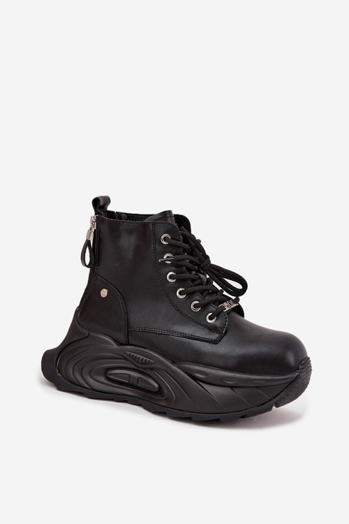 Skórzane Ocieplane Botki Damskie Na Platformie GOE SS2N4301 Czarne