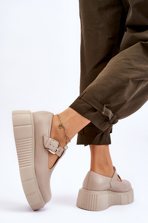 Zazoo 20102 Modne Skórzane Półbuty Na Masywnej Platformie Beżowe