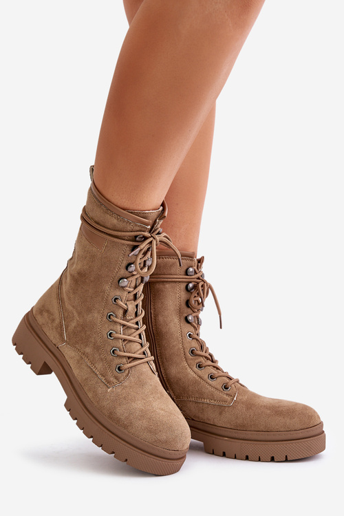 Botki Workery Damskie Na Zamek Z Eko Zamszu Ciemnobeżowe Savalann