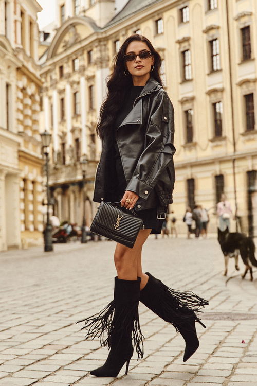 Kozaki Damskie Na Szpilce Z Frędzlami Czarne Isalune