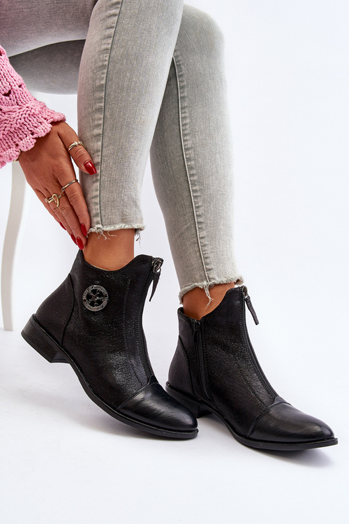 Damskie Botki Na Płaskim Obcasie Z Zamkiem Czarne Loratie