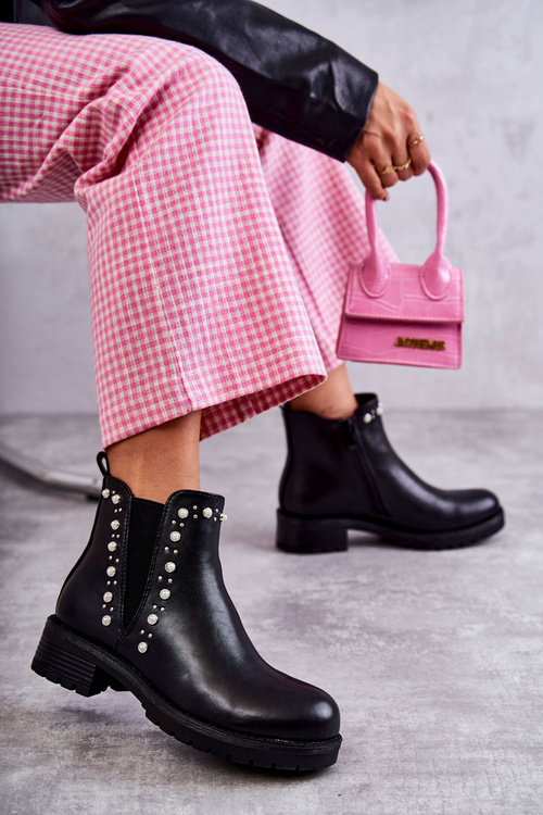 Skórzane Botki Workery Czarne Ferra