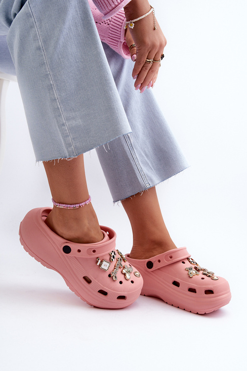 Klapki Damskie Piankowe Lekkie Na Grubej Podeszwie Z Przypinkami Różowe Effiora