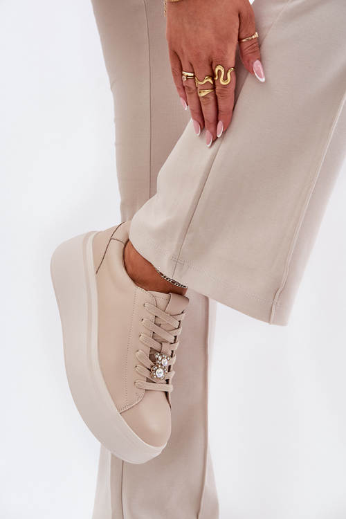 Skórzane Buty Sportowe Damskie Na Platformie Z Przypinką Vinceza 39922 Beżowe