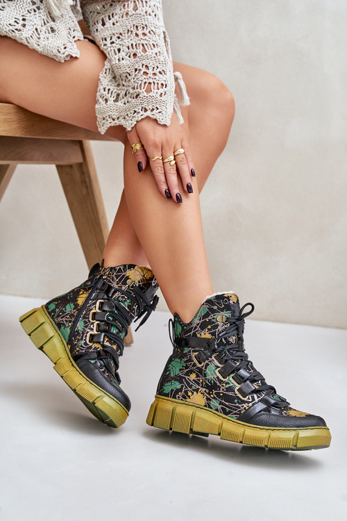 Skórzane Płaskie Sznurowane Botki Maciejka 06158-07 Żółto-Czarne