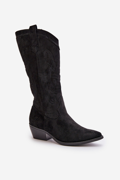 Damskie Kozaki Kowbojki Na Niskim Obcasie Z Eko Zamszu Czarne Ligelia